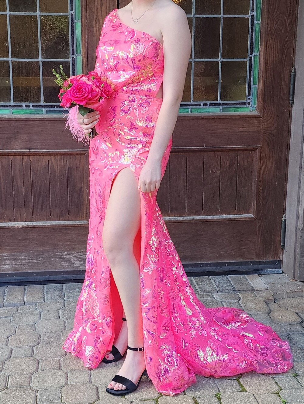 One-Shoulder Hot Pink Sequin Evening Gown